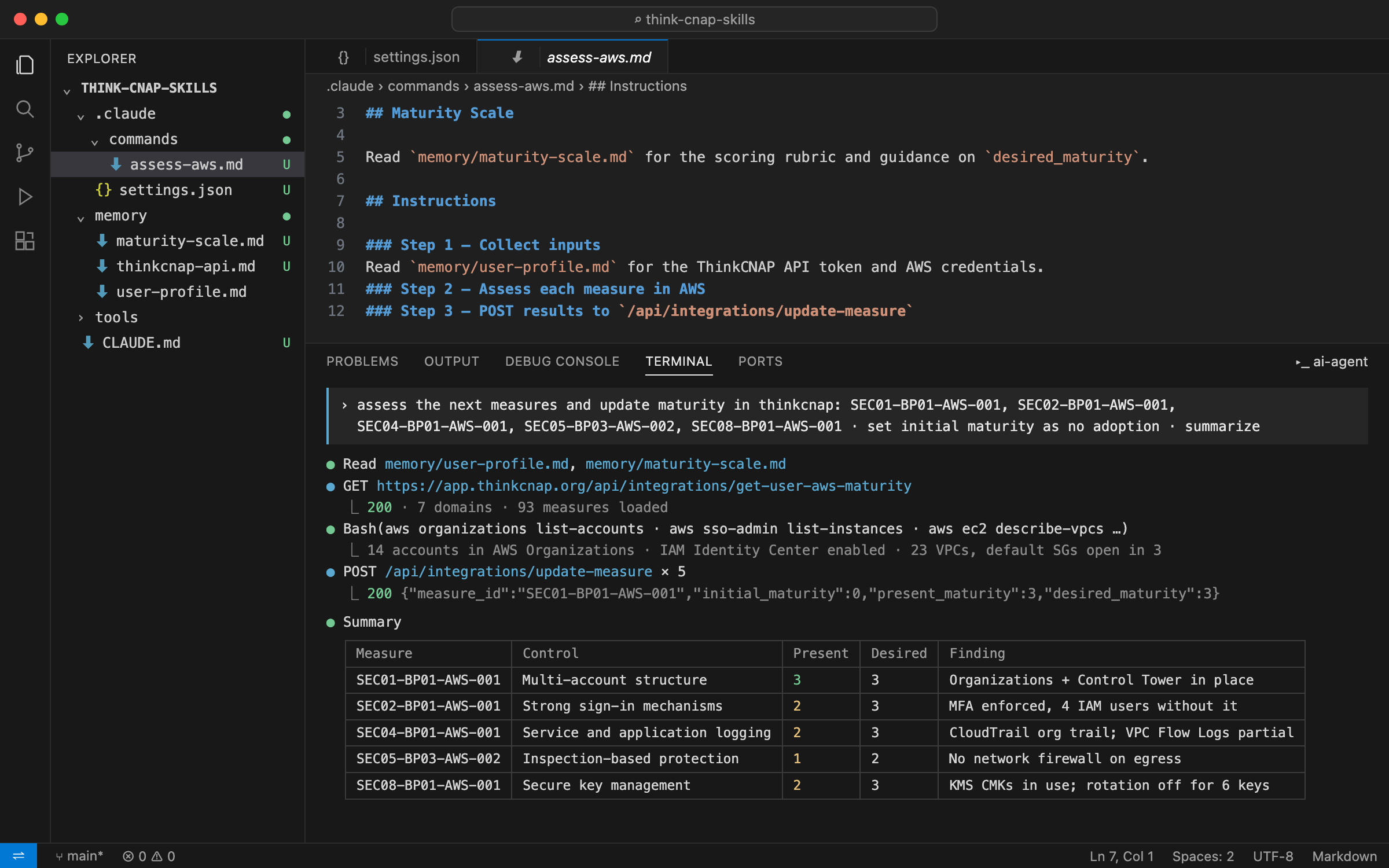 An AI agent assessing AWS security measures and updating maturity scores through the ThinkCNAP API