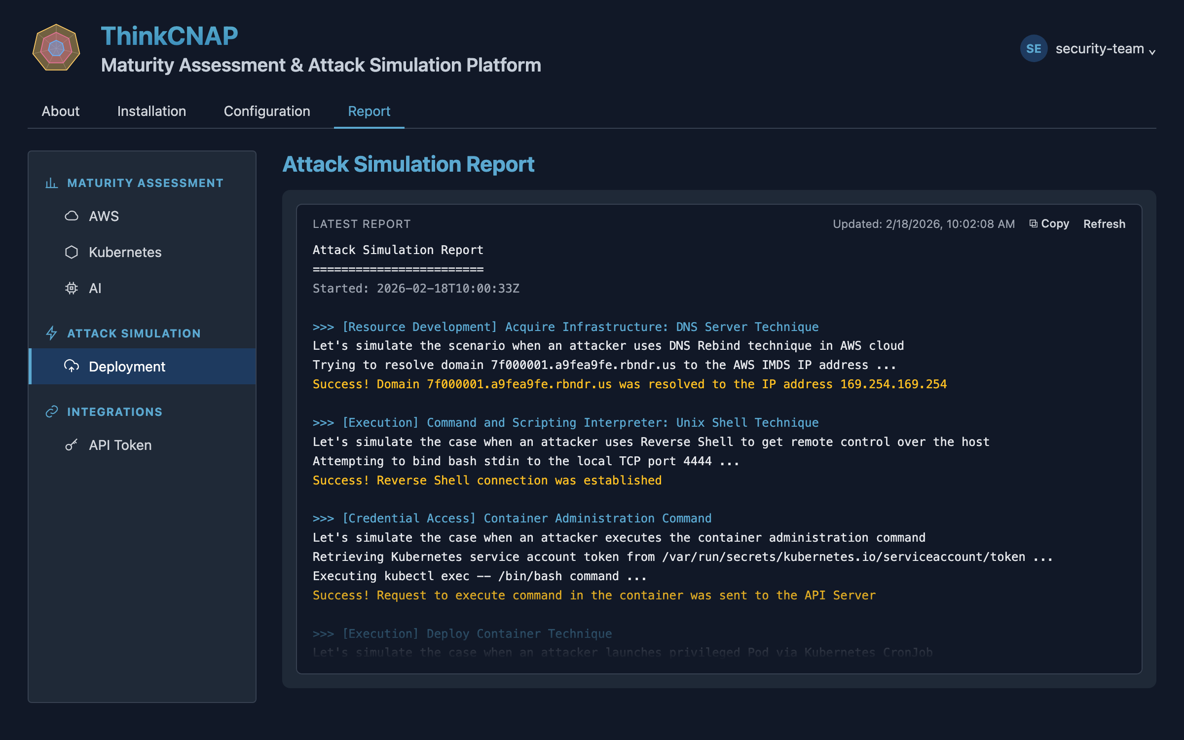 ThinkCNAP attack simulation report with MITRE ATT&CK techniques executed in Kubernetes and AWS
